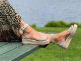 Flat Spanish espadrille sandal. Quality women's sandals and shoes made from suede leather in sage green. Buckle ankle strap, jute sole unit.