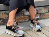 Quality European made women's shoes. Luxe sport sneaker style made in Spain. Comfortable shoe with espadrille detail. In Black multi.