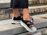 Quality European made women's shoes. Luxe sport sneaker style made in Spain. Comfortable shoe with espadrille detail. In Black multi.
