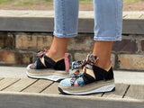 Quality European made women's shoes. Luxe sport sneaker style made in Spain. Comfortable shoe with espadrille detail. In Black multi.