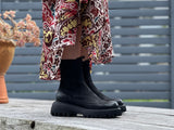Women's boots, refined, pull on combat style, quality leather boot in high shine and nubuck leather with elasticated gussets. European, hand made in Portugal. Stylish and comfortable ankle boot. Midcalf black boot.