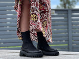 Women's boots, refined, pull on combat style, quality leather boot in high shine and nubuck leather with elasticated gussets. European, hand made in Portugal. Stylish and comfortable ankle boot. Midcalf black boot.