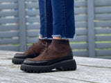 Brown brogue boots with a chunky sole and lace-up front. Quality European shoes from Portugal. Leather uppers, robust tractor sole. Beautiful women's shoes.