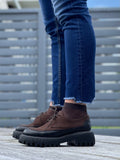 Brown brogue boots with a chunky sole and lace-up front. Quality European shoes from Portugal. Leather uppers, robust tractor sole. Beautiful women's shoes.