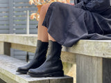 Women's boots, refined, pull on combat style, quality leather boot with elasticated gussets. European, hand made in Portugal. Stylish and comfortable ankle boot. Midcalf black boot.