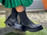 Good quality European boots made in Italy. Soft leather, Chelsea women's boot with elasticated gusset. Pull on boot.  Chunky soled boots. Black boots