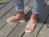 Aerobics are quality European women's sandals and slides. Soft leather with crossover detail in camel. Espadrille detail around the sole unit.