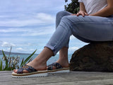 Aerobics are quality European women's sandals and slides. Soft leather with crossover detail in black. Espadrille detail around the sole unit.