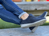 Aco Comfort Aicha navy felt uppers sneakers with elastic laces, comfortable European shoes with removable insoles/inners. Slip on shoes.