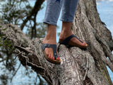 Quality European women's sandals. Made in Spain contoured cork footbed and rubber sole. Comfortable thong style sandal with buckle. Birkenstock style sandal in blue.
