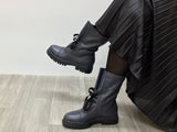 Grungy combat style boot. European, made in Italy from quality, soft leathers. Rugged and robust sole unit, comfortable women's boots. In slate colour
