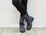 Grungy combat style boot. European, made in Italy from quality, soft leathers. Rugged and robust sole unit, comfortable women's boots. In slate colour