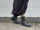 Women's boots, refined, combat style, quality leather boot, lace up with a zipper. European, hand made in Portugal. Stylish and comfortable ankle boot. Midcalf black boot with a chunky rubber sole.