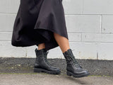Women's boots, refined, combat style, quality leather boot, lace up with a zipper. European, hand made in Portugal. Stylish and comfortable ankle boot. Midcalf black boot with a chunky rubber sole.
