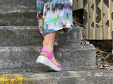 Quality European made women's sandals. Made in Spain, comfortable wedge sandals great for travel or work. In Fuschia.