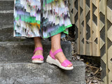 Quality European made women's sandals. Made in Spain, comfortable wedge sandals great for travel or work. In Fuschia.