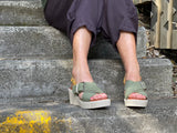 European sandals made in Spain. High quality leather. Comfortable women's sandals with wedge sole unit. In Olive.