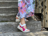 Quality European women's sandals. Made in Spain of leather, comfortable wedge sole unit. In Fuschia/fuxia/ fuchsia colour.  Great travel sandal.