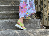 Quality European women's sandals. Made in Spain, comfortable wedge sandals in soft nubuck leather. In lime green.