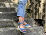 Quality European women's sandals. Made in Spain, soft leather sandals with flexible footbed. Wedge sandals in denim.