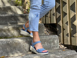 Quality European women's sandals. Made in Spain, soft leather sandals with flexible footbed. Wedge sandals in denim.