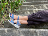 Quality European women's sandals. Made in Spain, soft leather sandals with flexible footbed. Wedge sandals in denim.