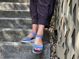 Quality European women's sandals. Made in Spain, soft leather sandals with flexible footbed. Wedge sandals in denim.