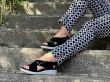 Quality European women's sandals. Made in Spain, comfortable wedge sandals in soft nubuck leather. In black.