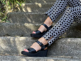Spanish women's sandals made from quality leathers. Comfortable wedge summer sandals in off black.