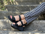 Spanish women's sandals made from quality leathers. Comfortable wedge summer sandals in off black.